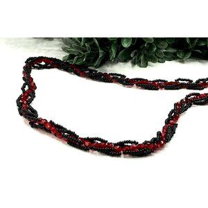 Handmade Beaded Red and Black Twisted Necklace With Button Clasp